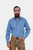 The image features a man wearing the Traditional Rilke Shirt, a blue and white checkered long-sleeve shirt paired with light brown embroidered Lederhosen. This classic Bavarian outfit is ideal for Oktoberfest.