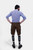 Rear view of a man wearing traditional brown leather cargo Lederhosen and a blue striped shirt. The image showcases the back details of the Lederhosen, including the side pockets and the belt. The man is also wearing traditional Bavarian socks and black s