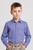Boy wearing blue checkered Leon kids shirt paired with traditional beige lederhosen shorts in studio portrait