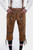 The image shows tan leather Bundhosen with intricate embroidery, worn with a white shirt. The person has hands in the front pockets and is wearing striped socks.