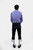 The back view of a male with a beard standing, wearing a blue checkered shirt and Marx Bundhosen. The image focuses on the back details of the pants, including the back pockets, embroidery, and an adjustable tie at the waist. The man is also wearing black shoes with socks.