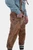 Side close-up of a man wearing a green checkered shirt and Hesse Bundhosen with suspenders. The brown leather pants highlight side pockets and intricate floral embroidery, paired with traditional Bavarian shoes and green-striped socks.