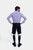Rear view of the Melk Abbey Lederhosen Outfit, displaying the black leather lederhosen and purple checkered shirt from behind, with hands on hips.