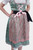 Close-up of the Dirndl Nilam showcasing the intricate pink lace-up on the mint bodice and delicate floral embroidery on the skirt.
