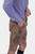 Side view of the man in the blue checkered shirt and brown DanubeLederhosen, highlighting the side embroidery and pockets of the shorts.