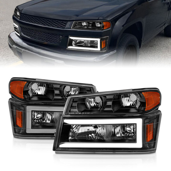 ANZO 04-12 GM Colorado/Canyon/I-Series Crystal Headlights - w/ Light Bar Black Housing 4pcs - 111558