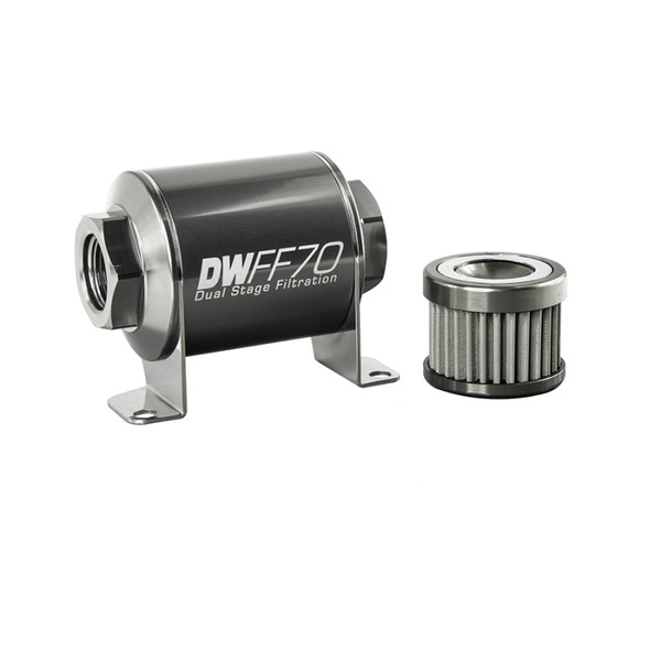 DeatschWerks Stainless Steel 8AN 100 Micron Universal Inline Fuel Filter Housing Kit (70mm) - 8-03-070-100K