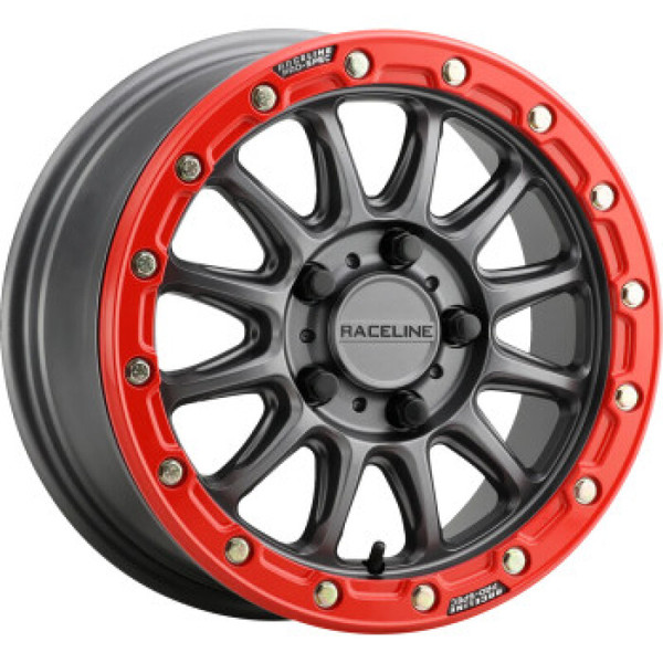 Raceline A14GR Alpha 15x7in/4x156 BP/10mm Offset/132.5mm Bore - Gunmetal & Red Ring Beadlock Wheel - A14GR-57056+10