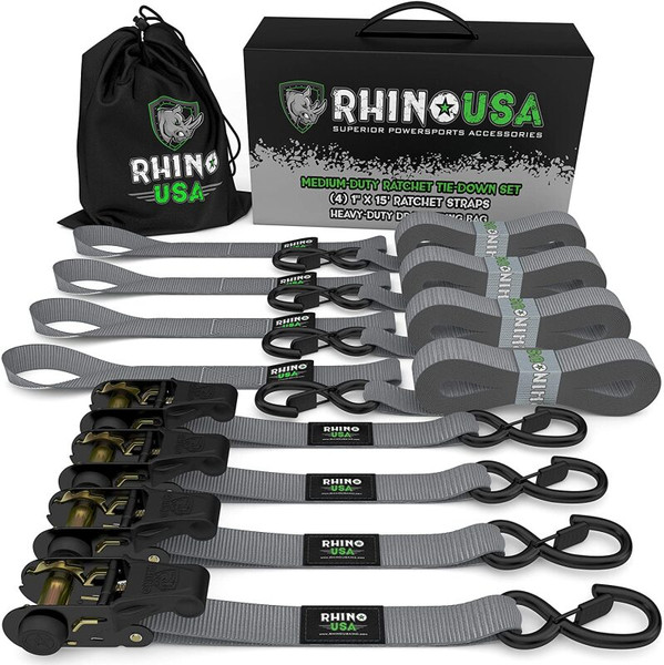 Rhino USA Medium Duty Ratchet Strap Tie-Down 4-Pack (Gray) - RCHT-4PACK-GRY