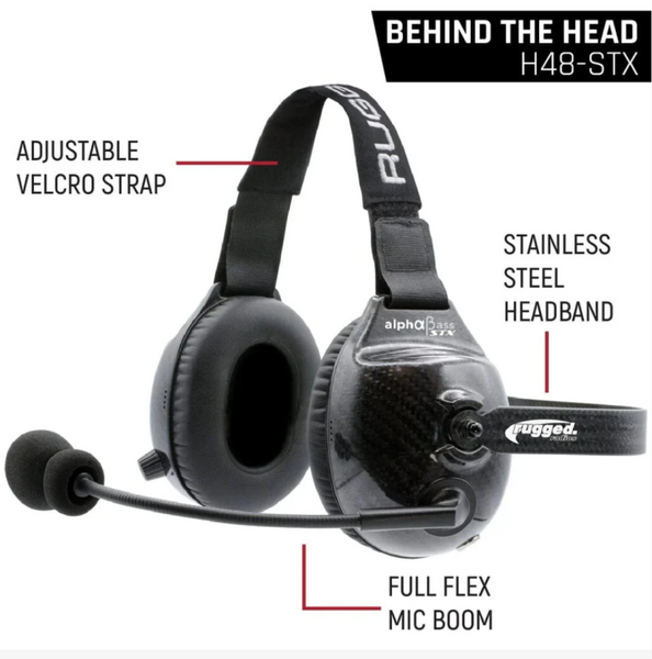 Rugged Radios AlphaBass Carbon Fiber Headset for STEREO and OFFROAD Intercoms Behind The Head - H48-STX