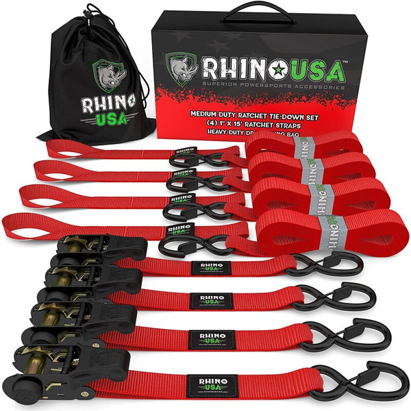 Rhino USA Medium Duty Ratchet Strap Tie-Down 4-Pack (Red) - RCHT-4PACK-RED