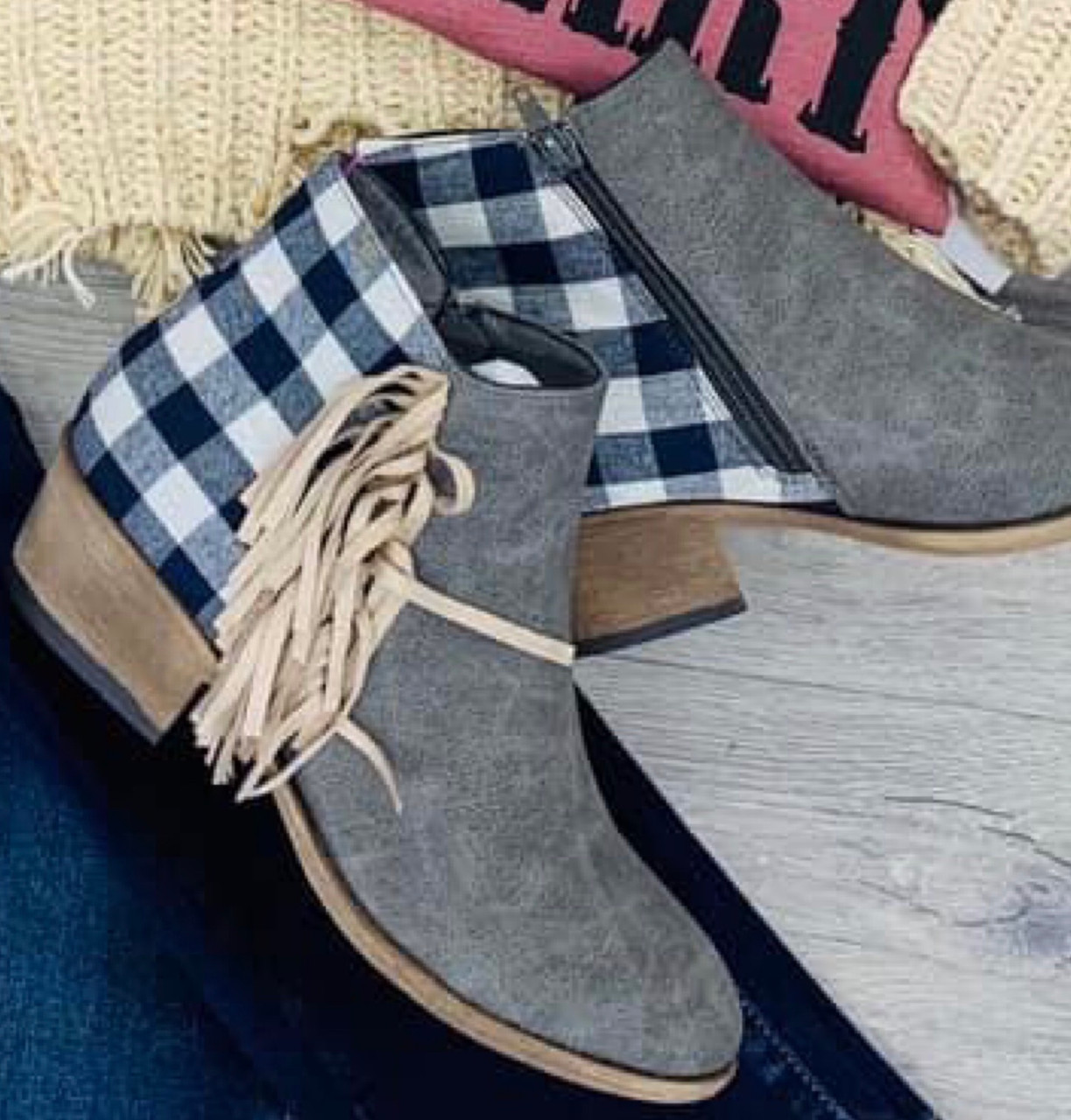 grey plaid booties