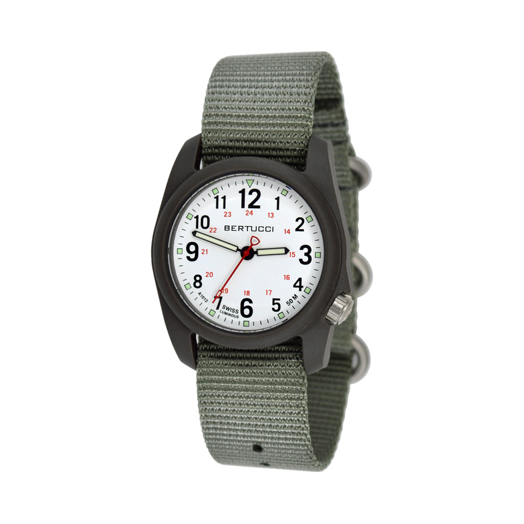 Bertucci DX3 Field Resin Watch, Olive Green Nylon Strap, White