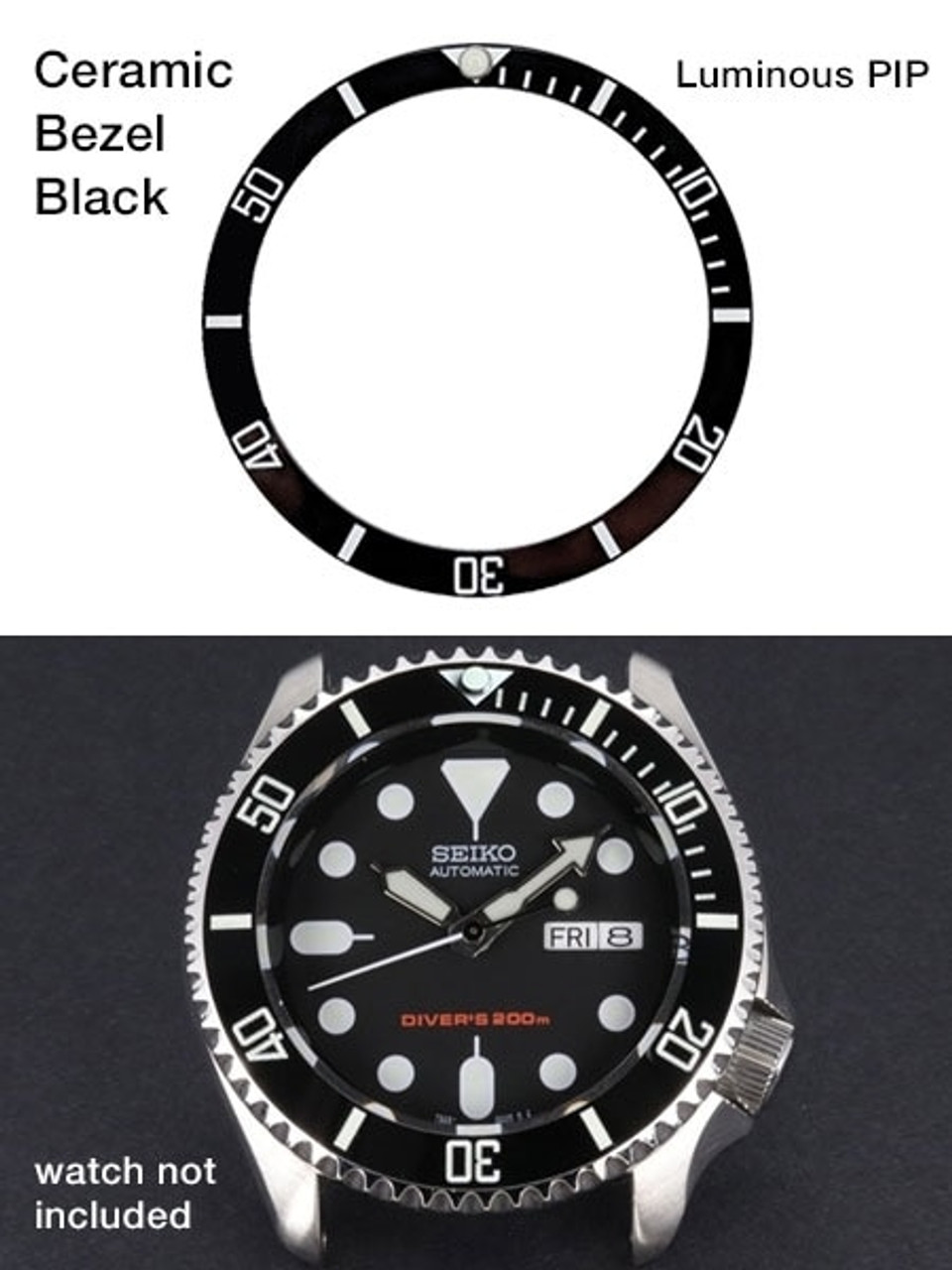 Black Ceramic Bezel Insert with Luminous PIP for Seiko SKX007, SKX009,  SKX011 watches #C01-01