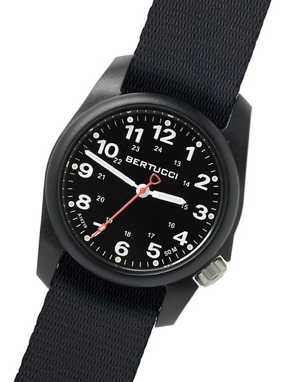 Bertucci A-1R Field Comfort watch with fiber reinforced polycarbonate  Unibody case, Black Nylon Strap, Black Dial #10500