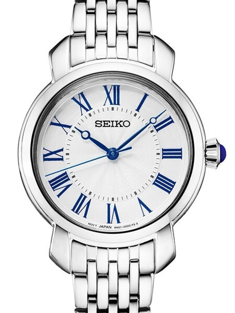 Seiko SUR629 Ladies Quartz Watch with white dial, and a stainless steel case and bracelet.