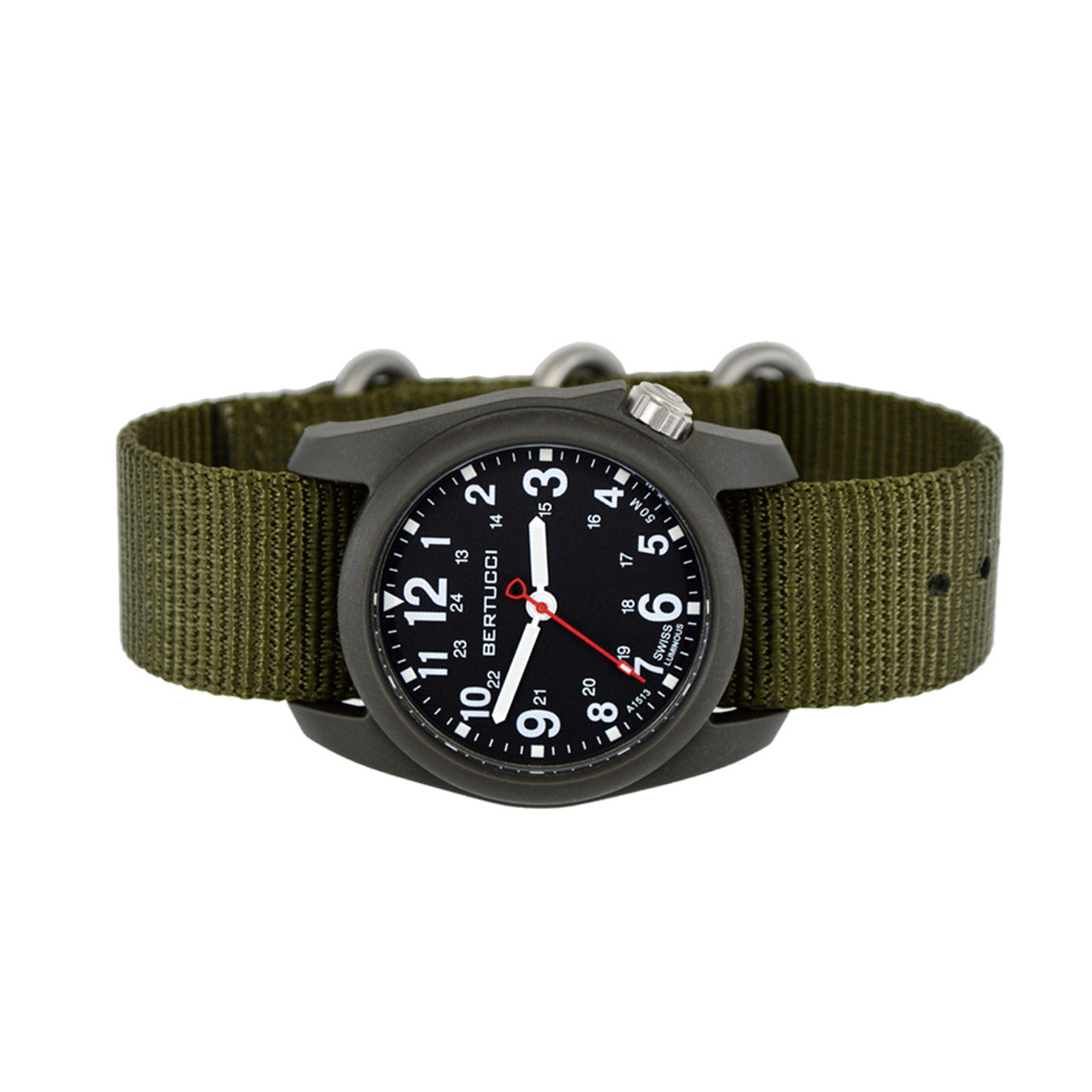 Bertucci DX3 Field Resin Watch, Olive Green Nylon Strap, Black Dial - 11026