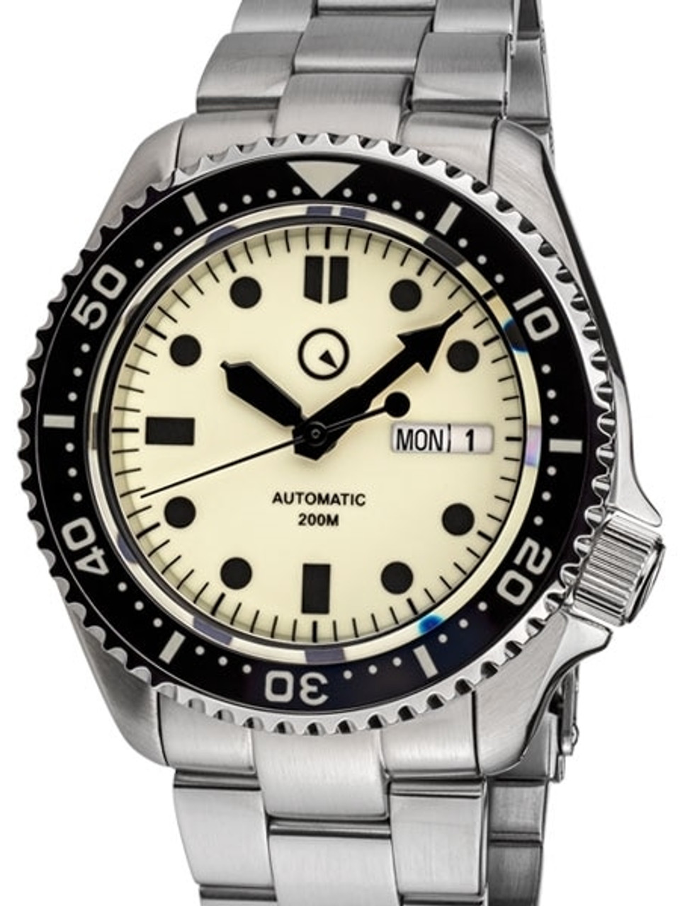 Islander Automatic Dive Watch with AR sapphire crystal, all solid link bracelet, Luminous ceramic bezel insert, fully luminous dial, and drilled lugs