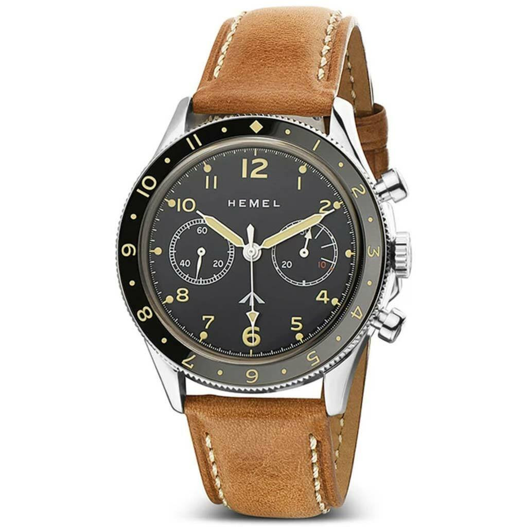 HEMEL Black Mechanical Chronograph Watch with Dual-Time Bezel and
