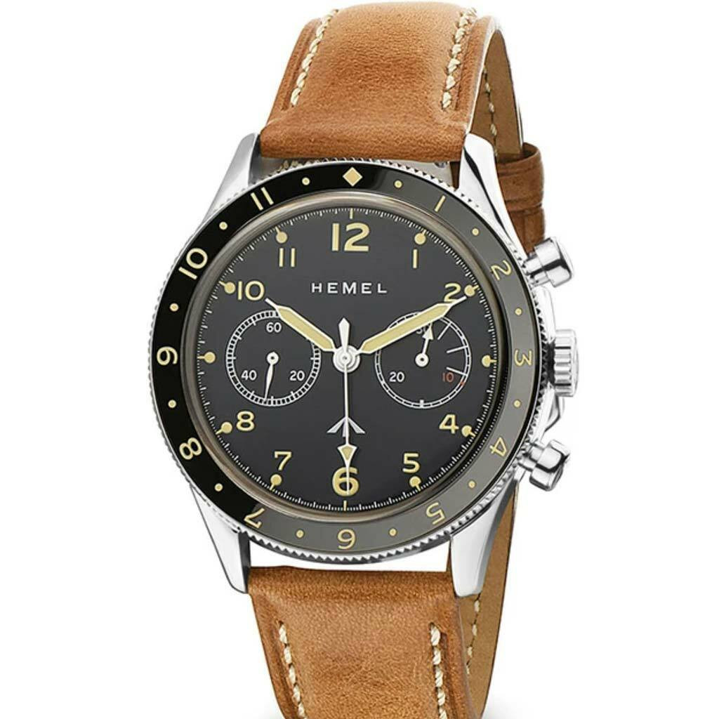 HEMEL Black Mechanical Chronograph Watch with Dual-Time Bezel and