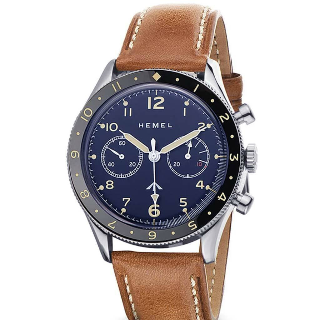 HEMEL Blue Mechanical Chronograph Watch with Dual-Time Bezel and