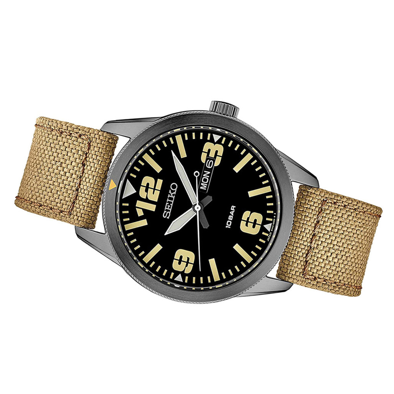 Seiko 43mm PVD Case Quartz watch with an easy-to-read black dial with day  and date #SUR493