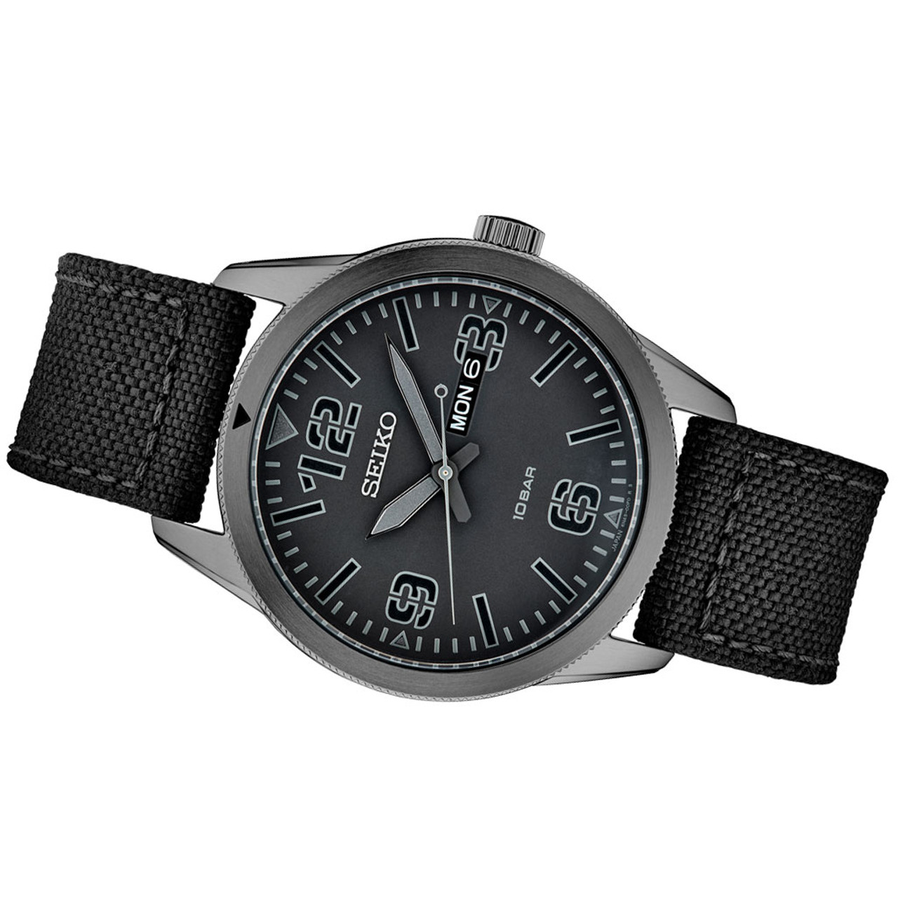 Seiko 43mm Quartz watch with a black pilot-style dial with a day and date  window #SUR495