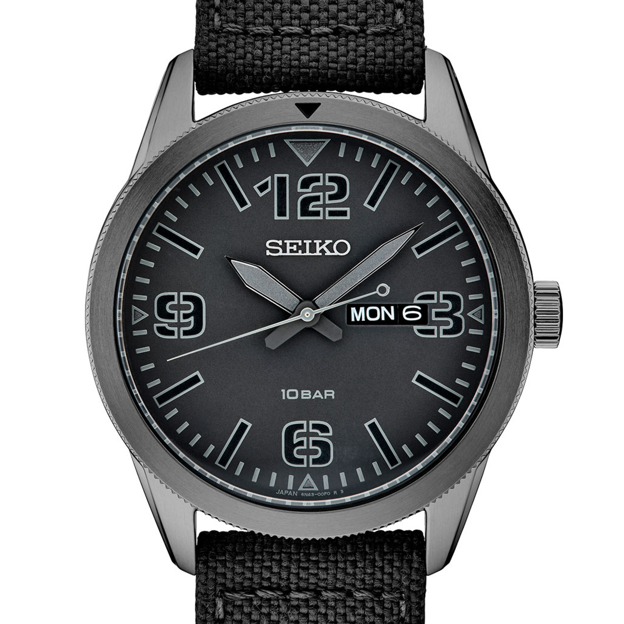 Seiko 43mm Quartz watch with a black pilot-style dial with a day and date  window #SUR495