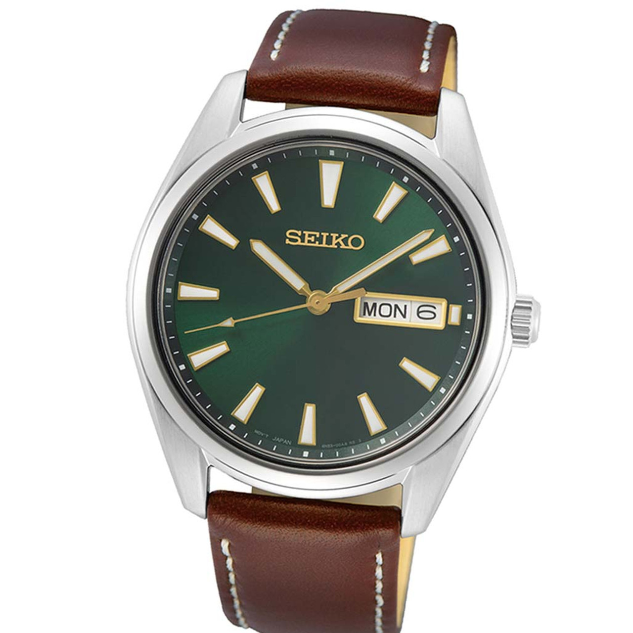 Seiko 40mm Day-Date Quartz Watch with Vibrant Green Dial SUR449
