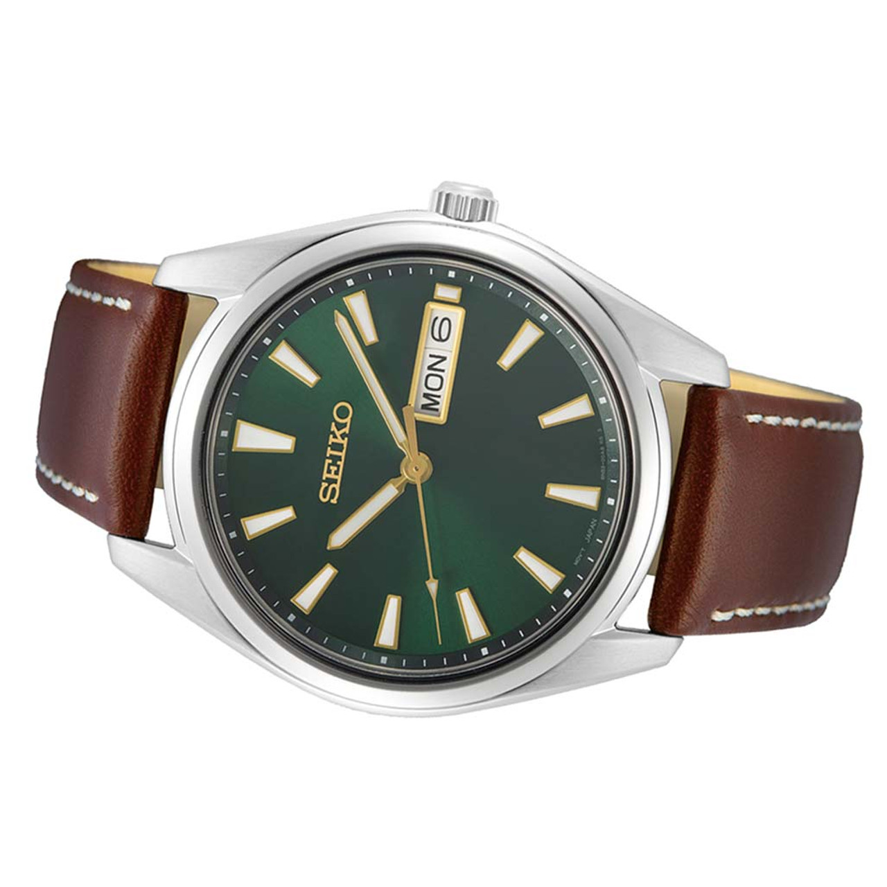 Seiko 40mm Day-Date Quartz Watch with Vibrant Green Dial SUR449