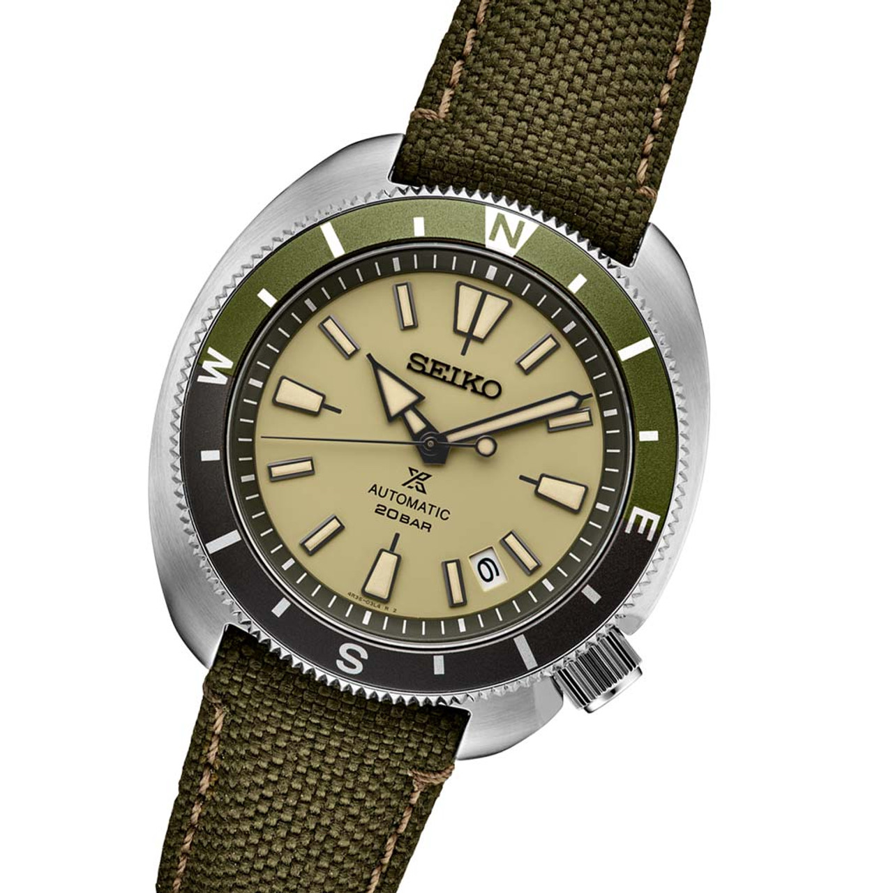 Seiko Prospex Automatic Dive Watch with Beige Dial and Olive Canvas Strap  #SRPG13