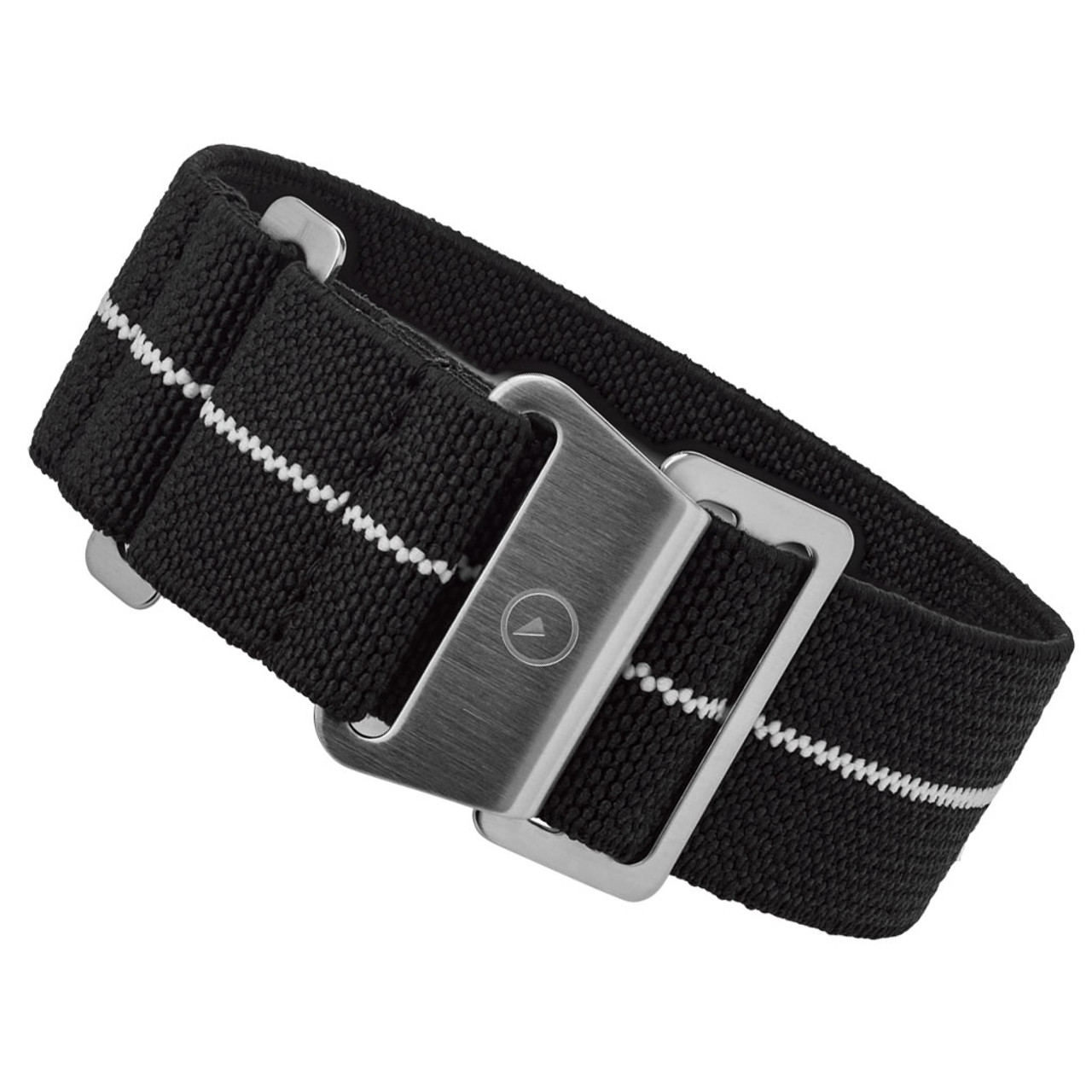 Black, White Stripe Elastic Woven Nylon Strap, Brushed Steel Clasp  #EWB-20-SS