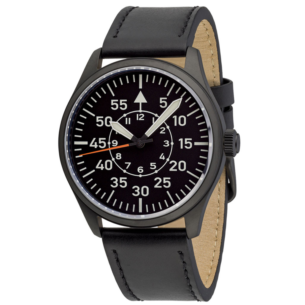 Islander Black DLC Aviator Automatic Watch with Leather Strap and