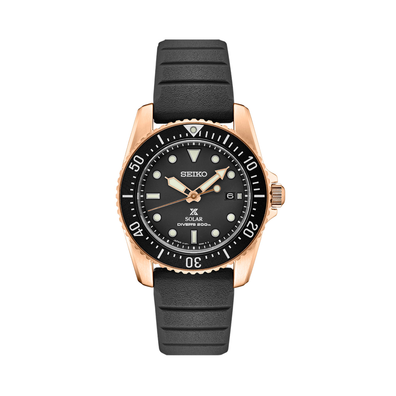 Seiko 38mm Prospex Black Dial Solar Dive Watch with Rose Goldtone Case  #SNE586