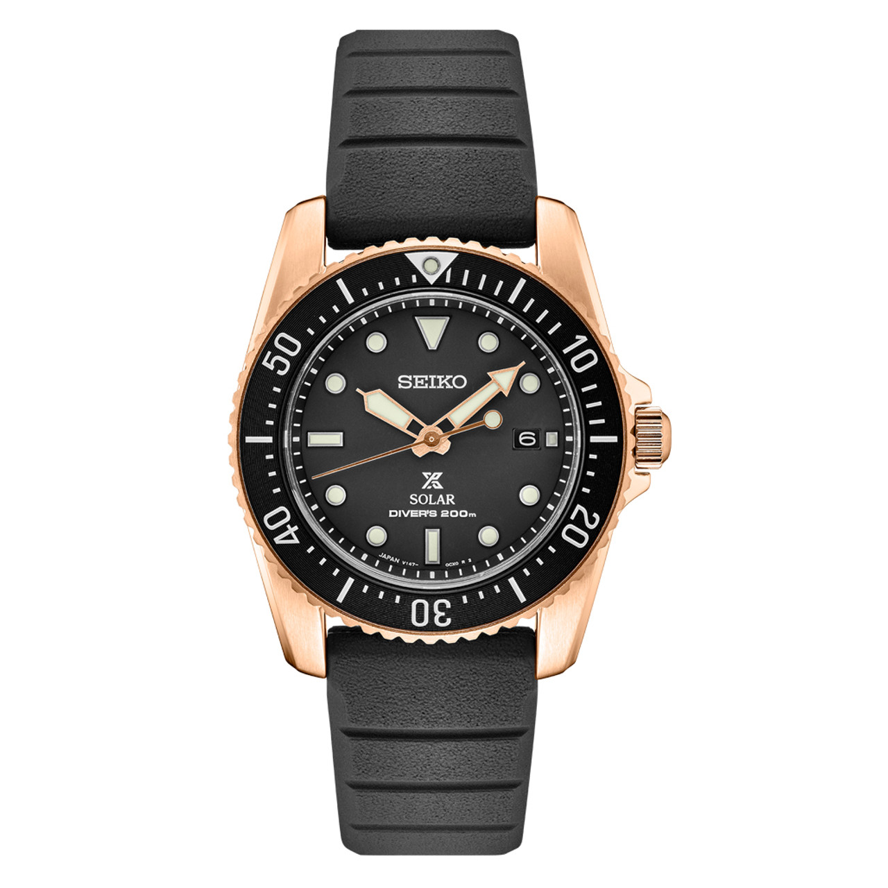 Seiko 38mm Prospex Black Dial Solar Dive Watch with Rose Goldtone