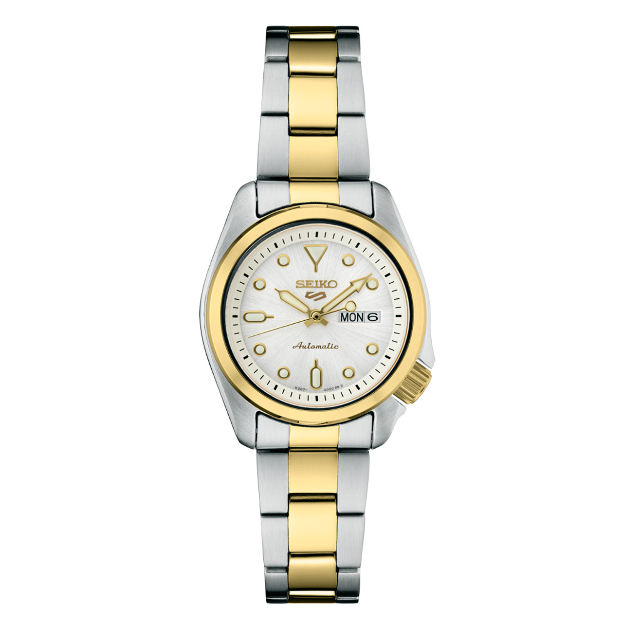 Seiko 5 Sports Automatic Watch with White Dial and 28mm Two-Tone Case  #SRE004