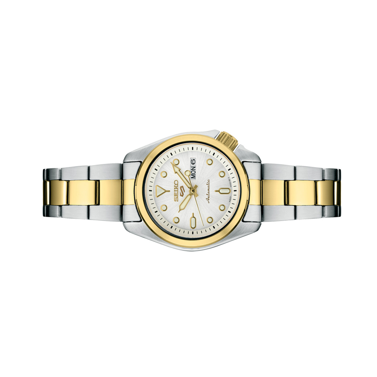 Seiko 5 Sports Automatic Watch with White Dial and 28mm Two-Tone Case  #SRE004