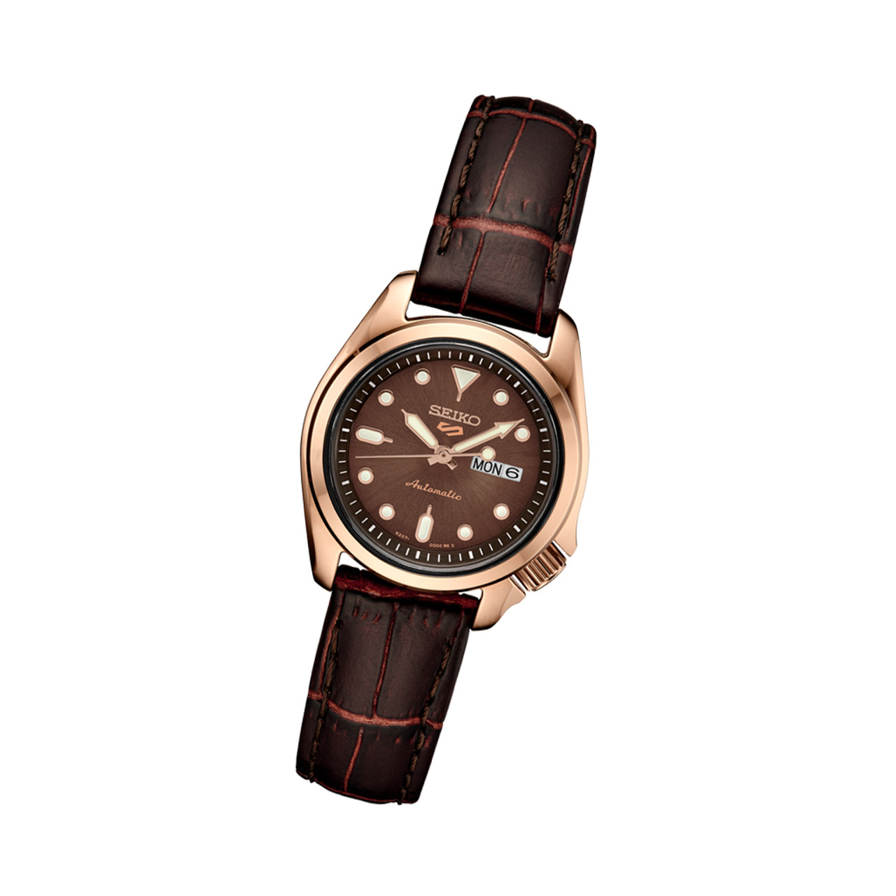 Seiko 5 Sports Automatic Watch with Chocolate Dial and 28mm Rose Goldtone  Case #SRE006
