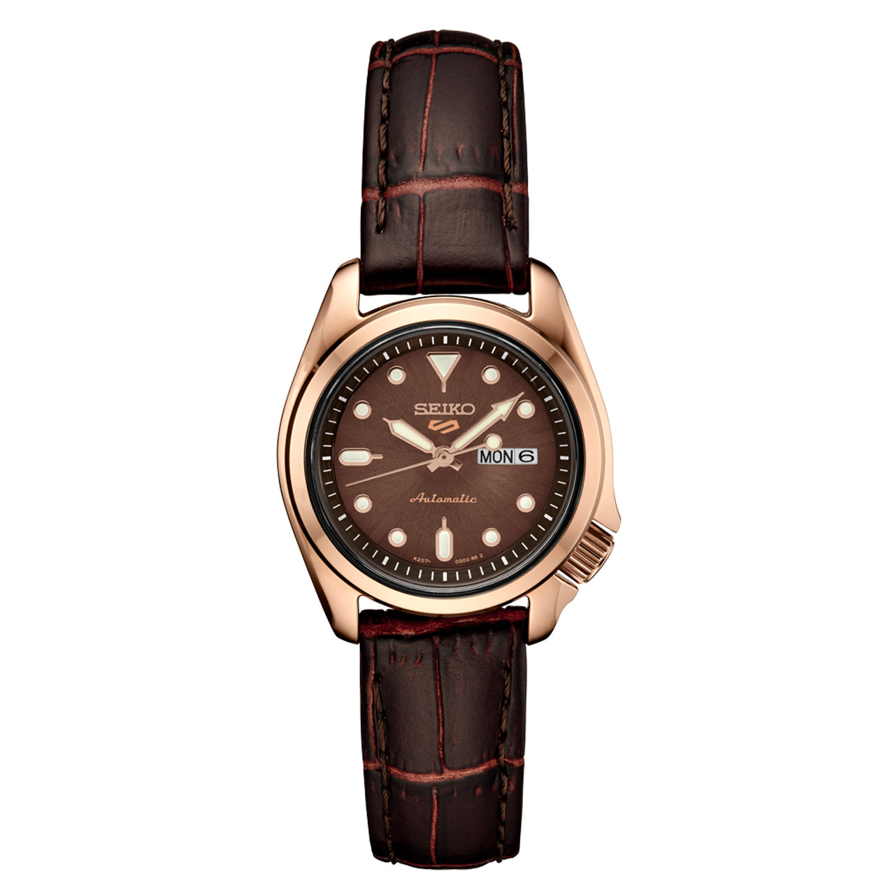 Seiko 5 Sports Automatic Watch with Chocolate Dial and 28mm Rose Goldtone  Case #SRE006