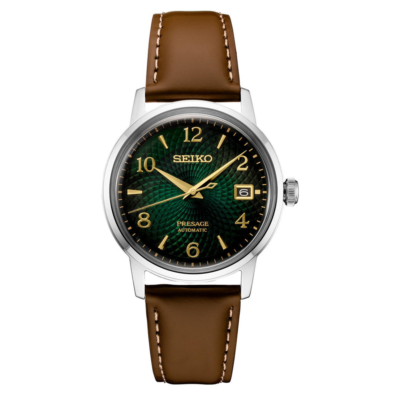 Seiko Presage Automatic Dress Watch with Green Arabic Dial and Gold Accents  #SRPE45