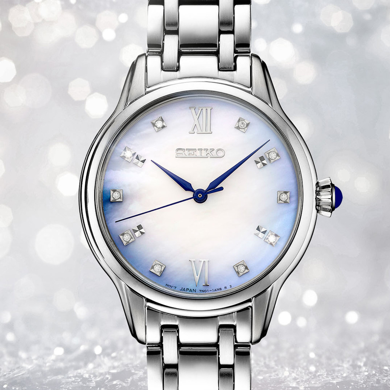 Seiko Diamonds Blue Mother of Pearl Quartz Dress Watch with Sapphire  Crystal #SRZ539