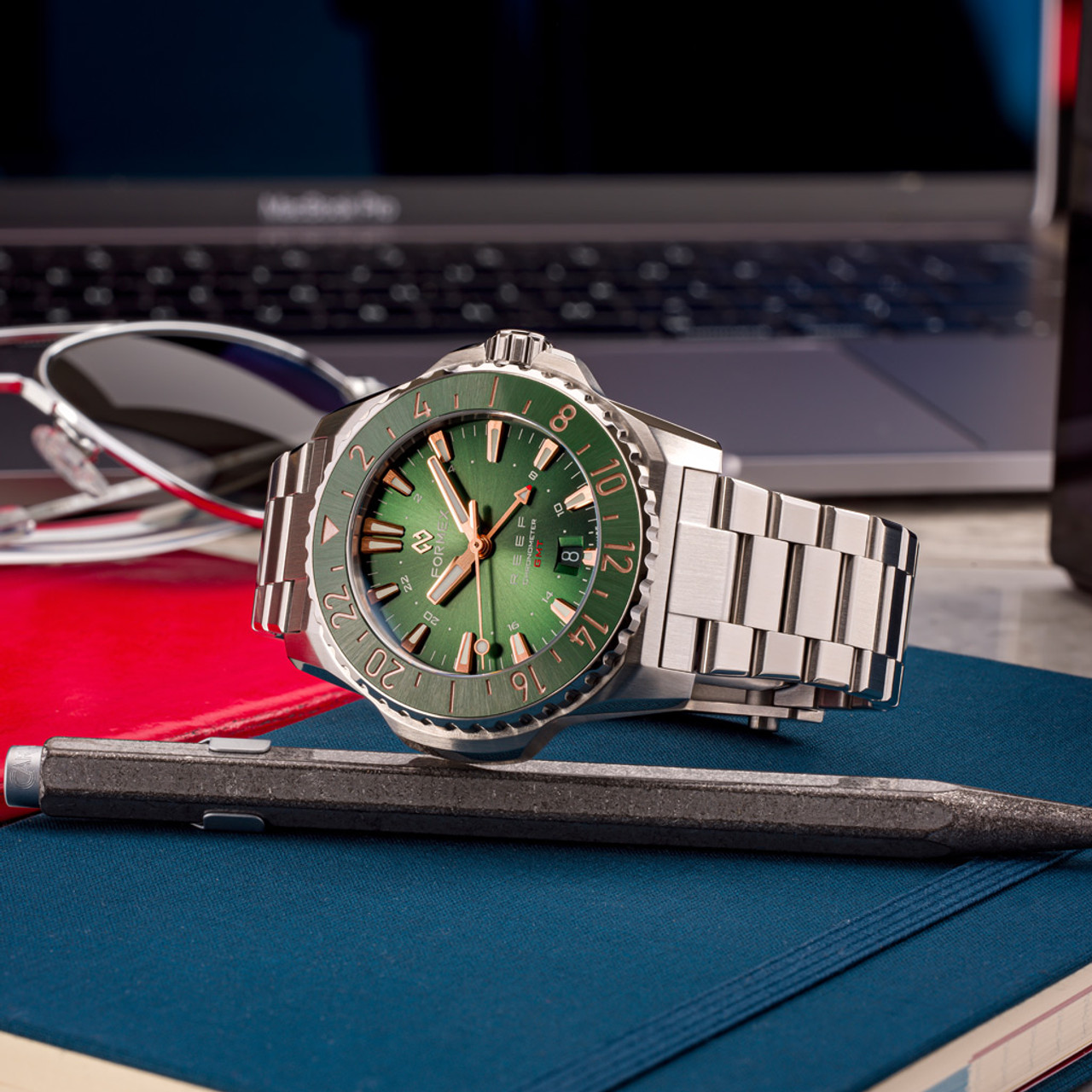 Formex REEF GMT Chronometer Dive Watch with Gilt Green Dial and Bezel  #2202.1.5388.100