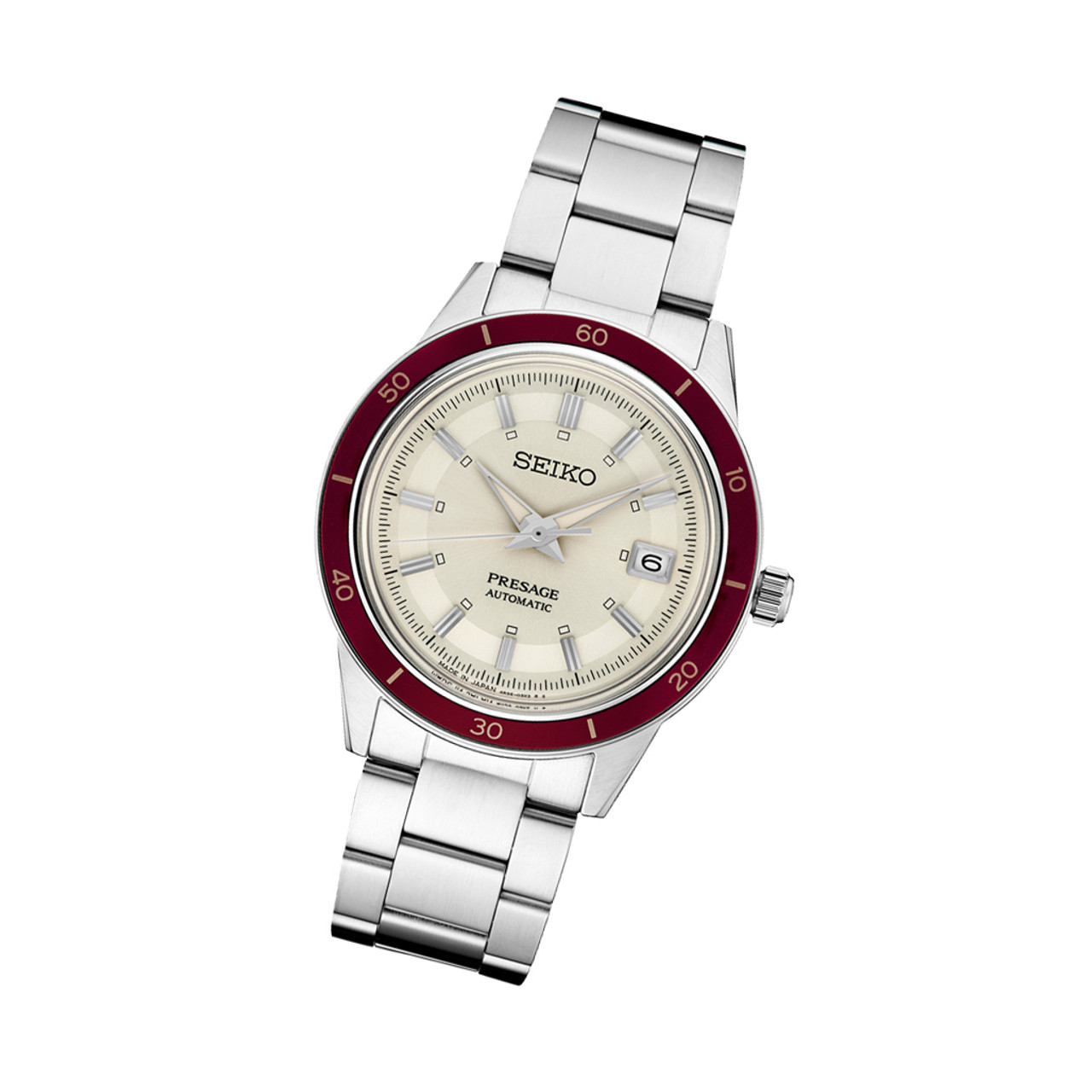 Seiko Presage Automatic 1960's Style Dress Watch with White Dial and Red  Bezel #SRPH93