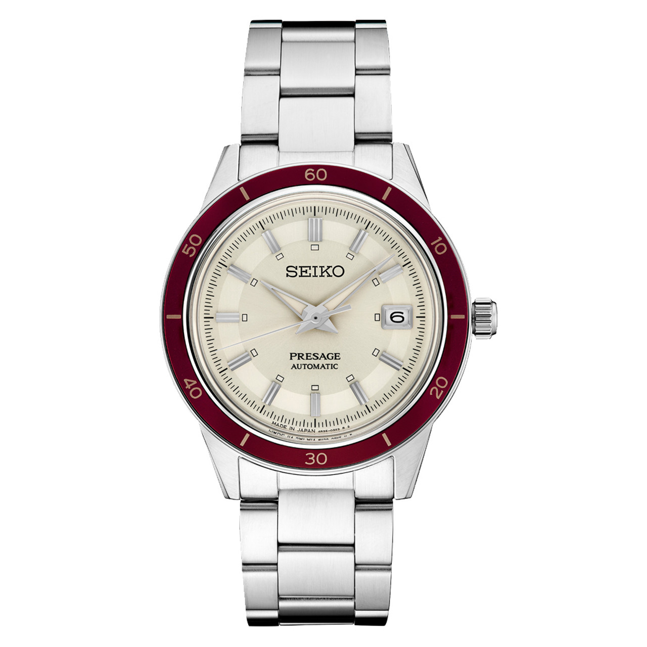 Seiko Presage Automatic 1960's Style Dress Watch with White Dial and Red  Bezel #SRPH93