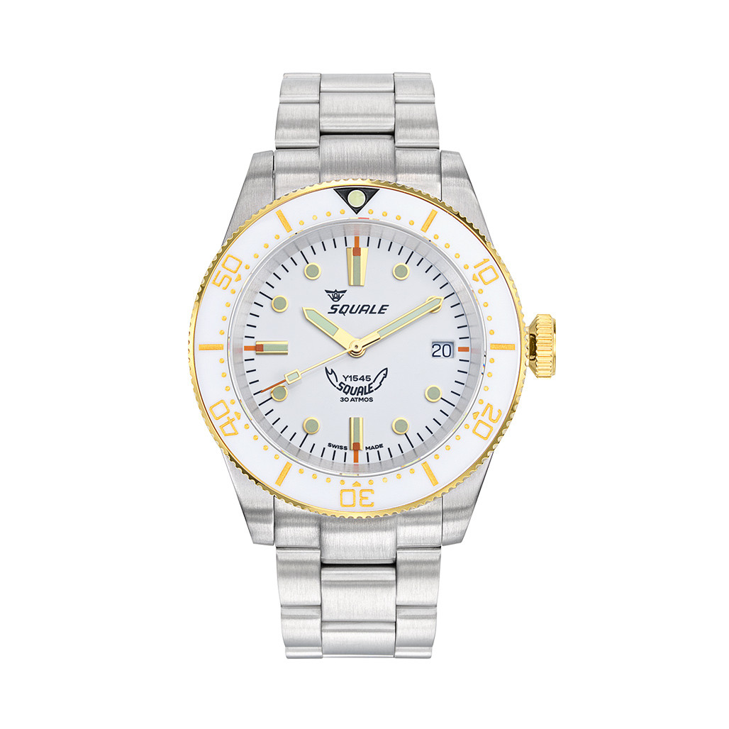 Squale 1545 White Dial Dive Watch with Gold Accents and Stainless