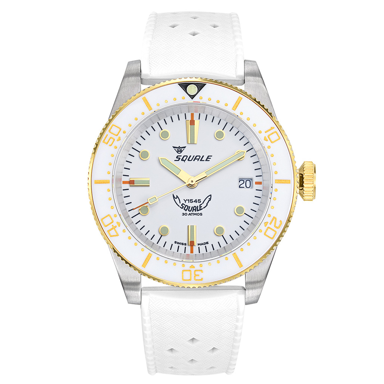 Squale 1545 White Dial Dive Watch with Gold Accents and Rubber Strap  #1545WTWT.HTW