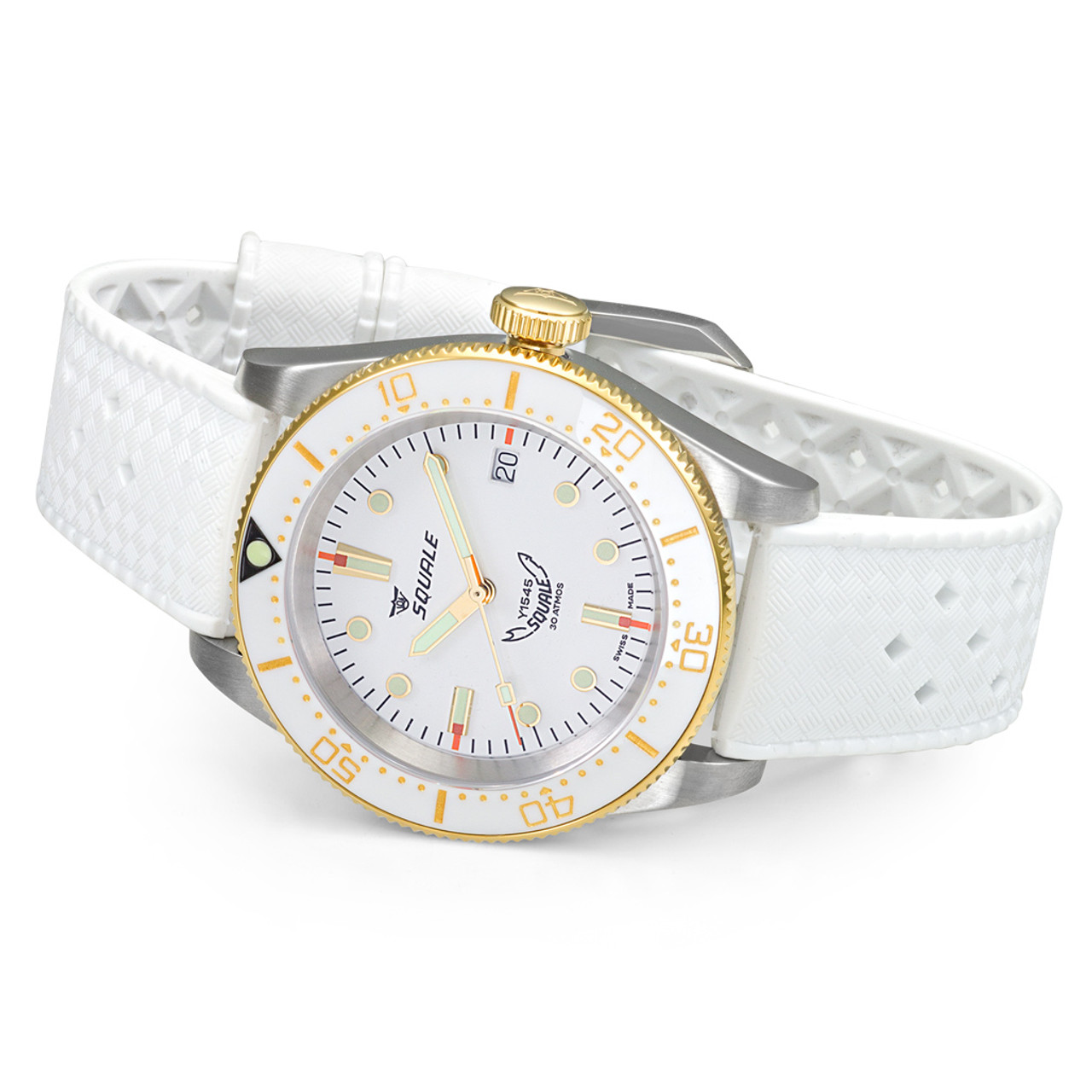 Squale 1545 White Dial Dive Watch with Gold Accents and Rubber