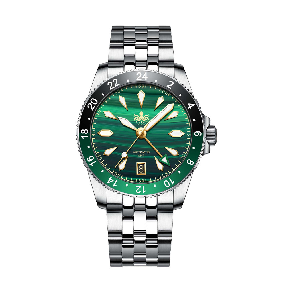 Phoibos Voyager GMT Automatic Watch with Green Malachite Dial #PY043A
