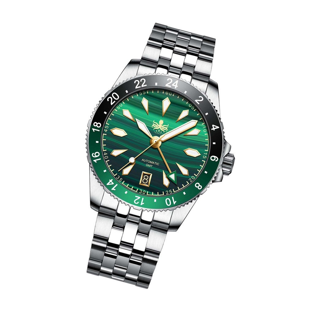 Phoibos Voyager GMT Automatic Watch with Green Malachite Dial #PY043A