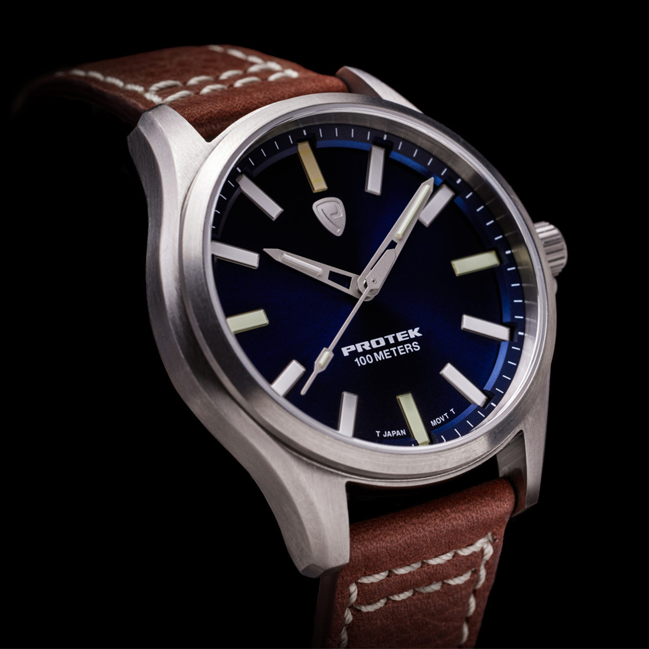 Protek 3000 Series Field Watch, Titanium Case, Blue Dial, Leather Stra –  Gem of the Day